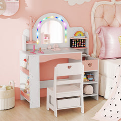 Kids Vanity Desk with Mirror Lights and Open Storage Shelves-White