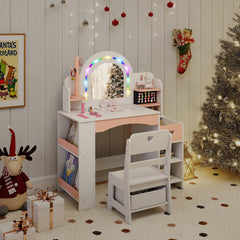 Kids Vanity Desk with Mirror Lights and Open Storage Shelves-White