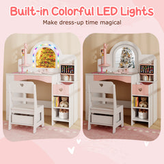 Kids Vanity Desk with Mirror Lights and Open Storage Shelves-White