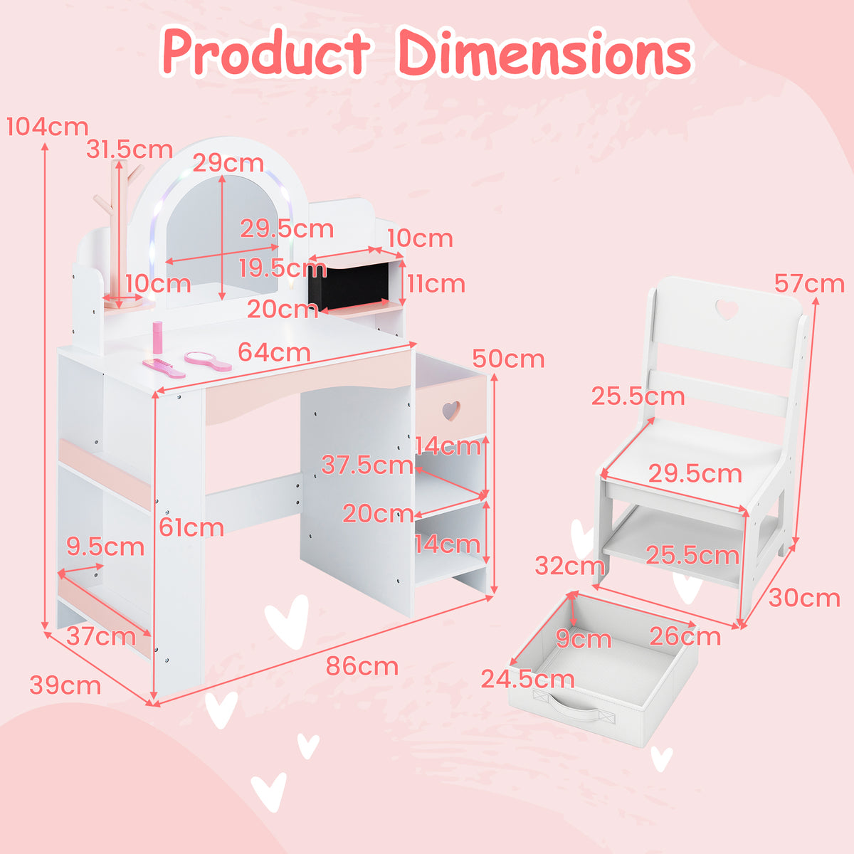 Kids Vanity Desk with Mirror Lights and Open Storage Shelves-White