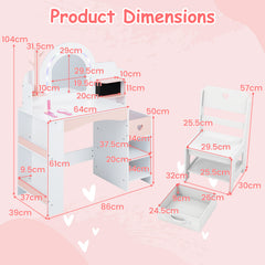 Kids Vanity Desk with Mirror Lights and Open Storage Shelves-White