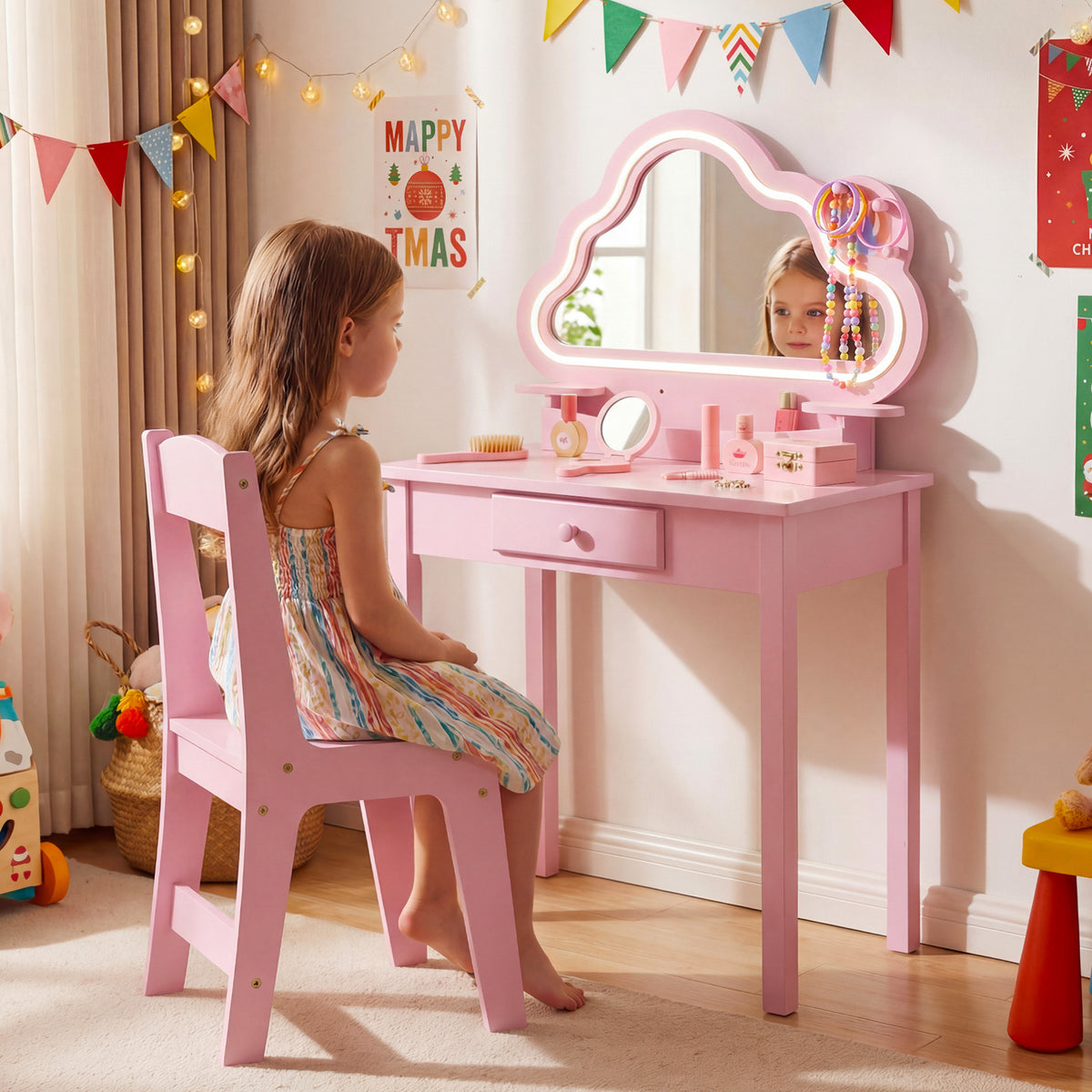 Kids Vanity Set with Lighted Cloud Mirror & Stool and Jewelry Rack for Girls-Pink