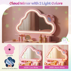 Kids Vanity Set with Lighted Cloud Mirror & Stool and Jewelry Rack for Girls-Pink