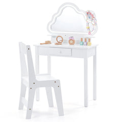 Kids Vanity Set with Lighted Cloud Mirror & Stool and Jewelry Rack for Girls-White