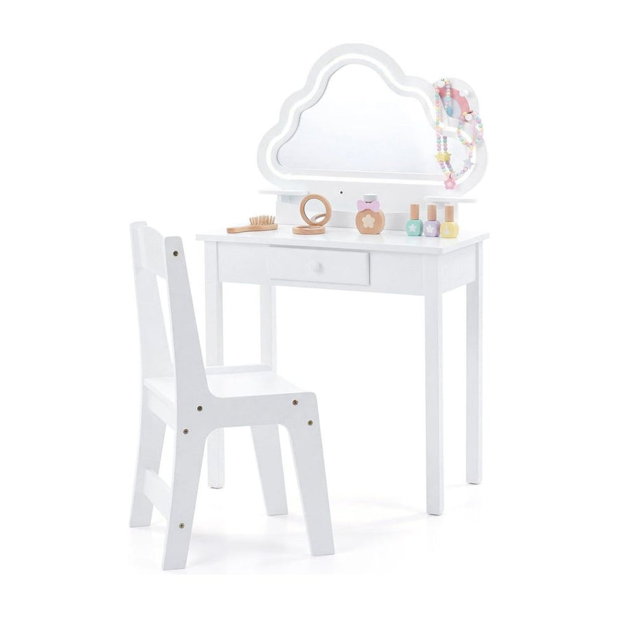 Kids Vanity Set with Lighted Cloud Mirror & Stool and Jewelry Rack for Girls-White