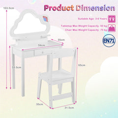 Kids Vanity Set with Lighted Cloud Mirror & Stool and Jewelry Rack for Girls-White