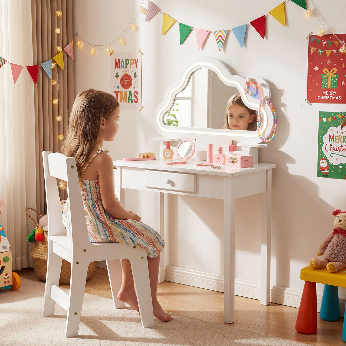 Kids Vanity Set with Lighted Cloud Mirror & Stool and Jewelry Rack for Girls-White