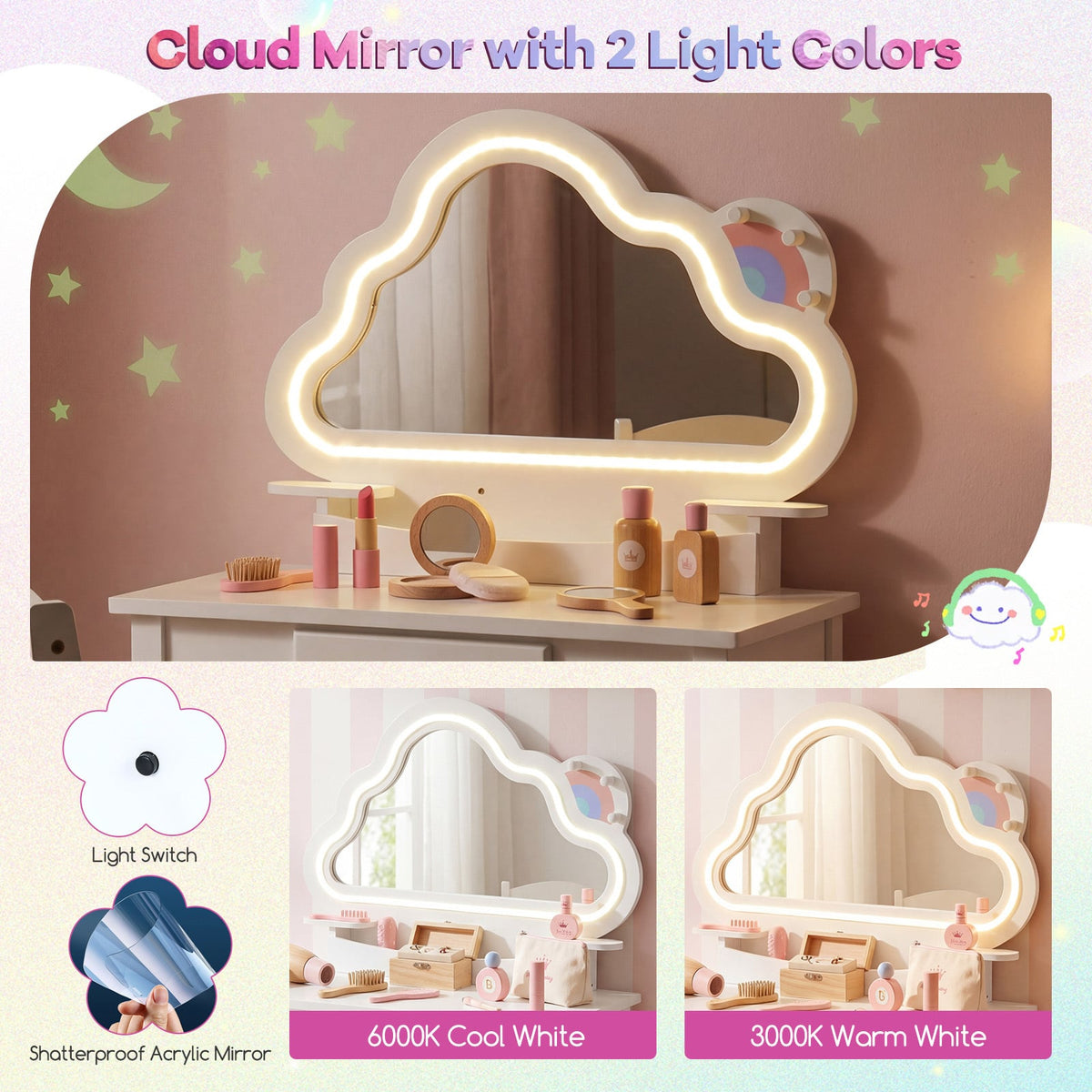 Kids Vanity Set with Lighted Cloud Mirror & Stool and Jewelry Rack for Girls-White