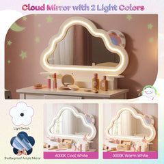 Kids Vanity Set with Lighted Cloud Mirror & Stool and Jewelry Rack for Girls-White