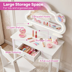Kids Vanity Set with Lighted Cloud Mirror & Stool and Jewelry Rack for Girls-White