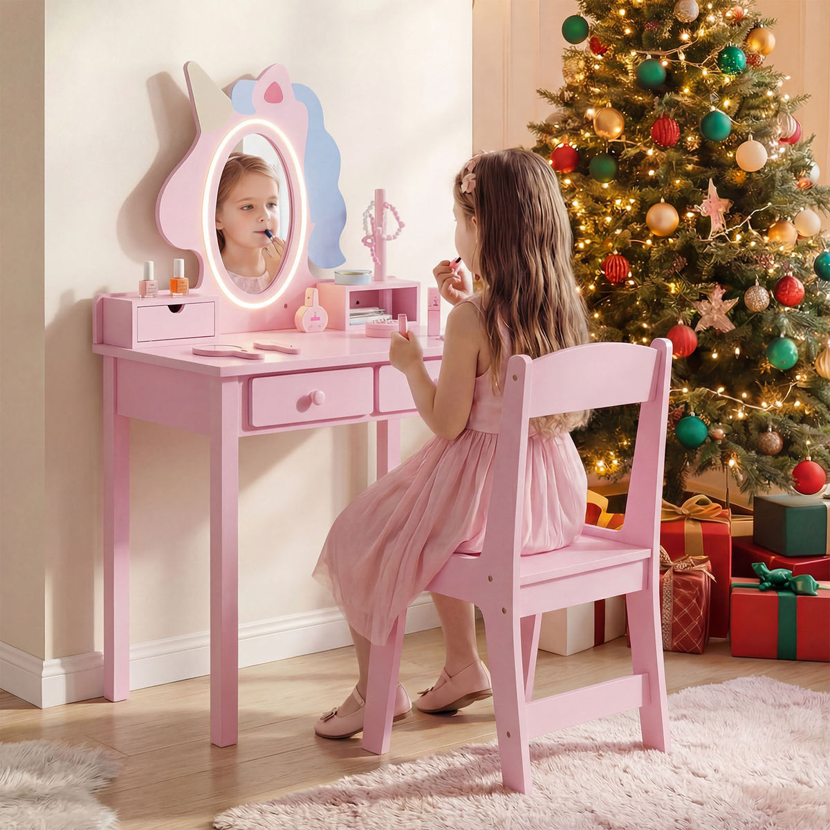 Kids Vanity Set with Lighted Unicorn Mirror & Stool and Jewelry Rack for Girls-Pink