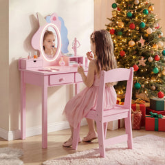 Kids Vanity Set with Lighted Unicorn Mirror & Stool and Jewelry Rack for Girls-Pink