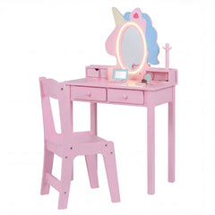 Kids Vanity Set with Lighted Unicorn Mirror & Stool and Jewelry Rack for Girls-Pink