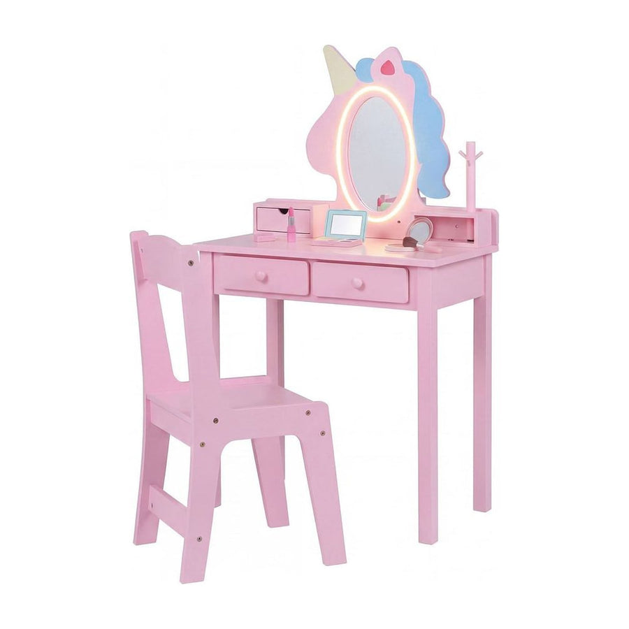 Kids Vanity Set with Lighted Unicorn Mirror & Stool and Jewelry Rack for Girls-Pink