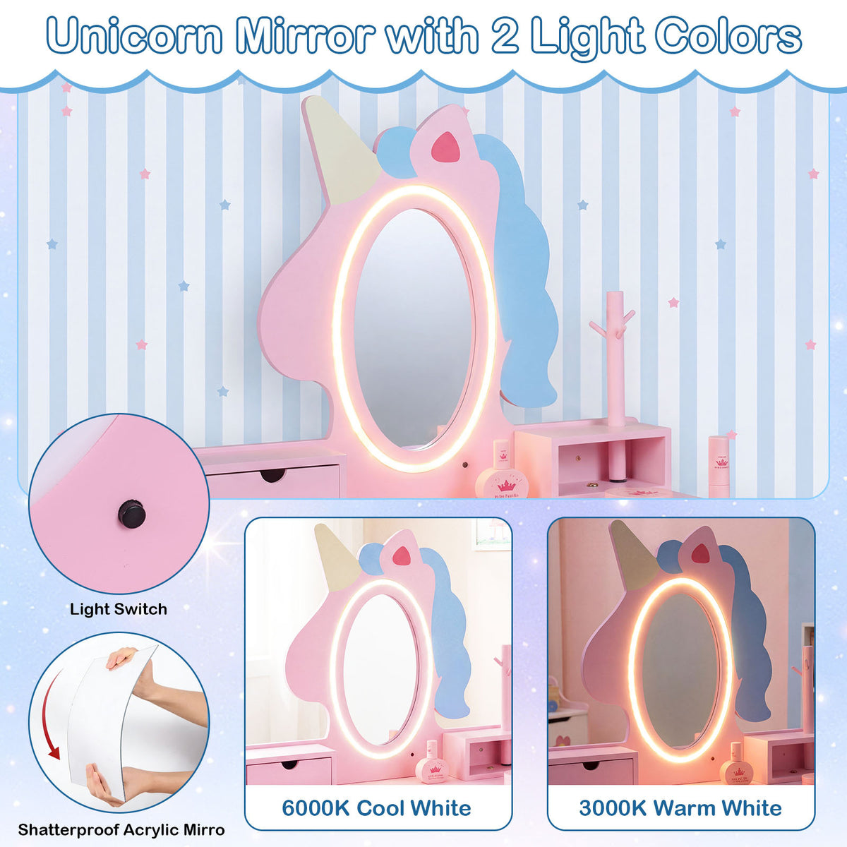 Kids Vanity Set with Lighted Unicorn Mirror & Stool and Jewelry Rack for Girls-Pink