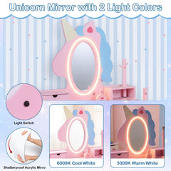 Kids Vanity Set with Lighted Unicorn Mirror & Stool and Jewelry Rack for Girls-Pink