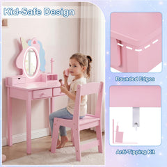 Kids Vanity Set with Lighted Unicorn Mirror & Stool and Jewelry Rack for Girls-Pink
