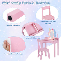 Kids Vanity Set with Lighted Unicorn Mirror & Stool and Jewelry Rack for Girls-Pink