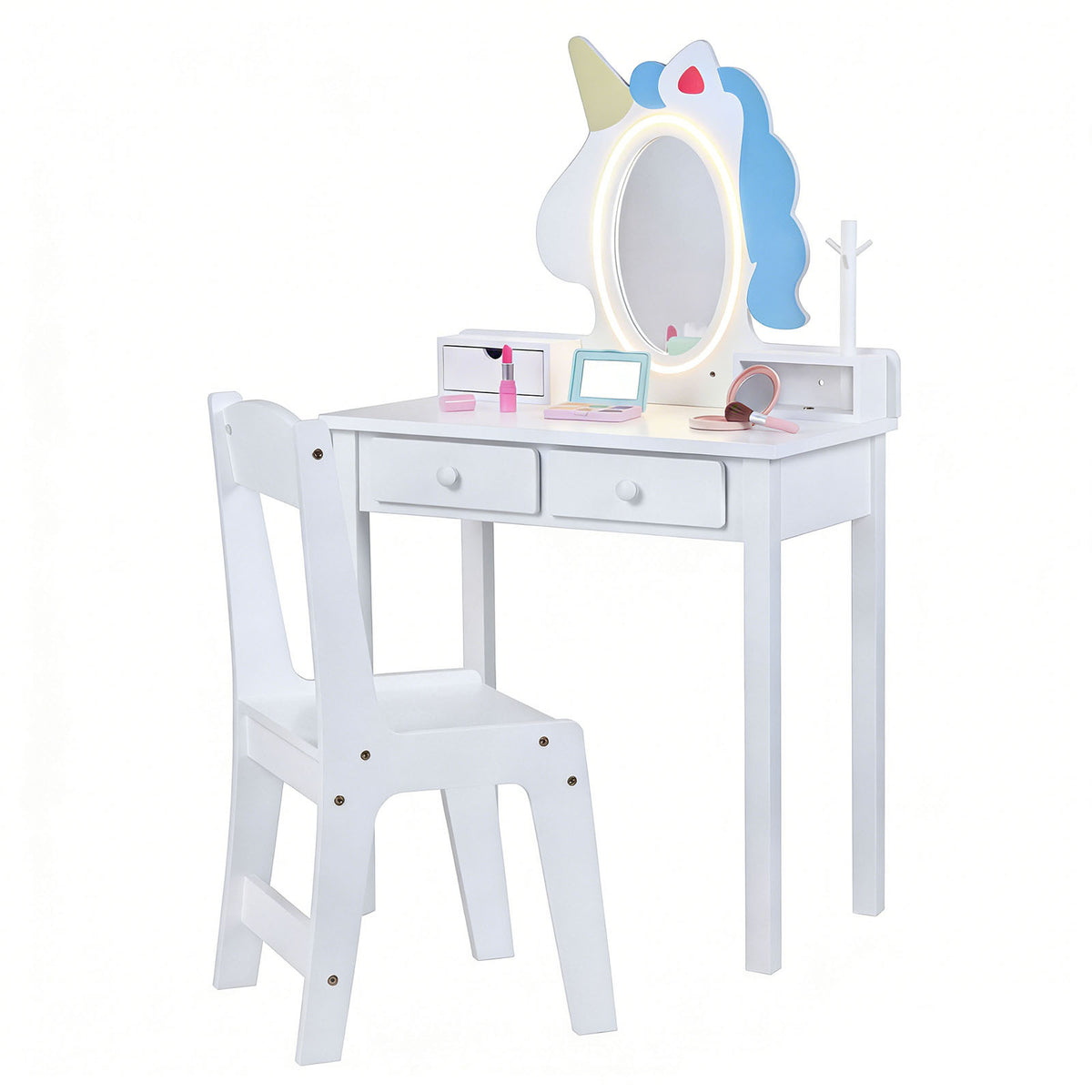 Kids Vanity Set with Lighted Unicorn Mirror & Stool and Jewelry Rack for Girls-White