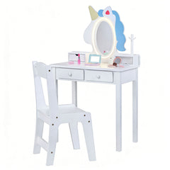 Kids Vanity Set with Lighted Unicorn Mirror & Stool and Jewelry Rack for Girls-White
