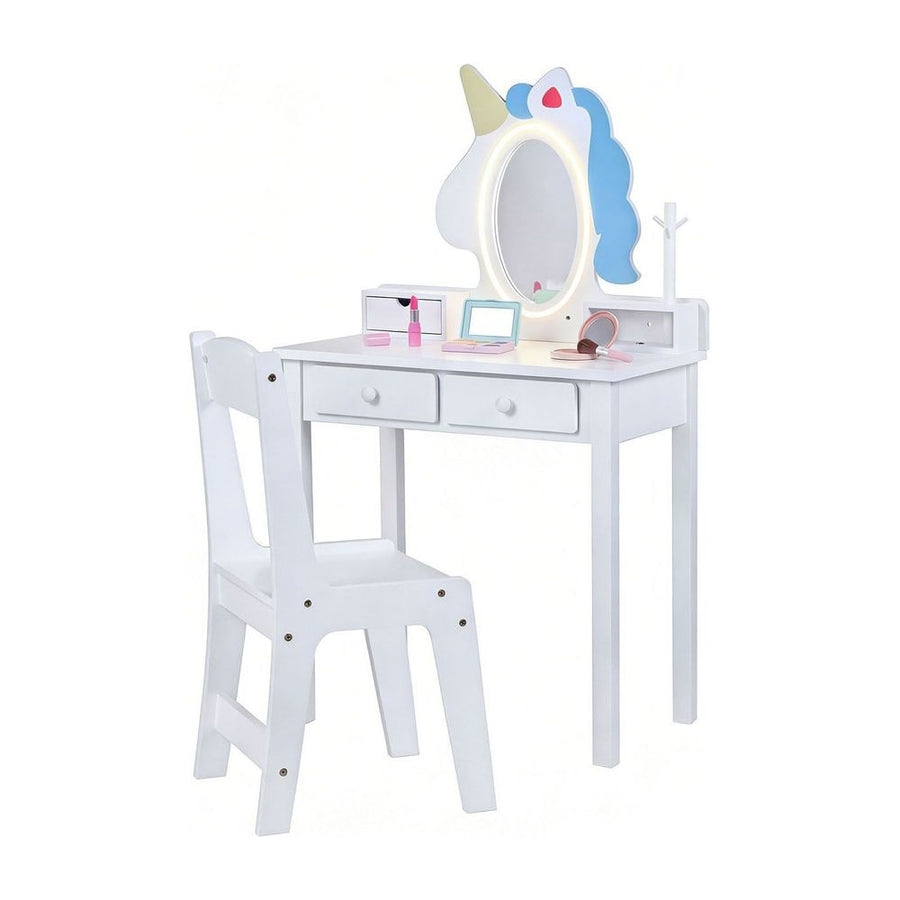 Kids Vanity Set with Lighted Unicorn Mirror & Stool and Jewelry Rack for Girls-White
