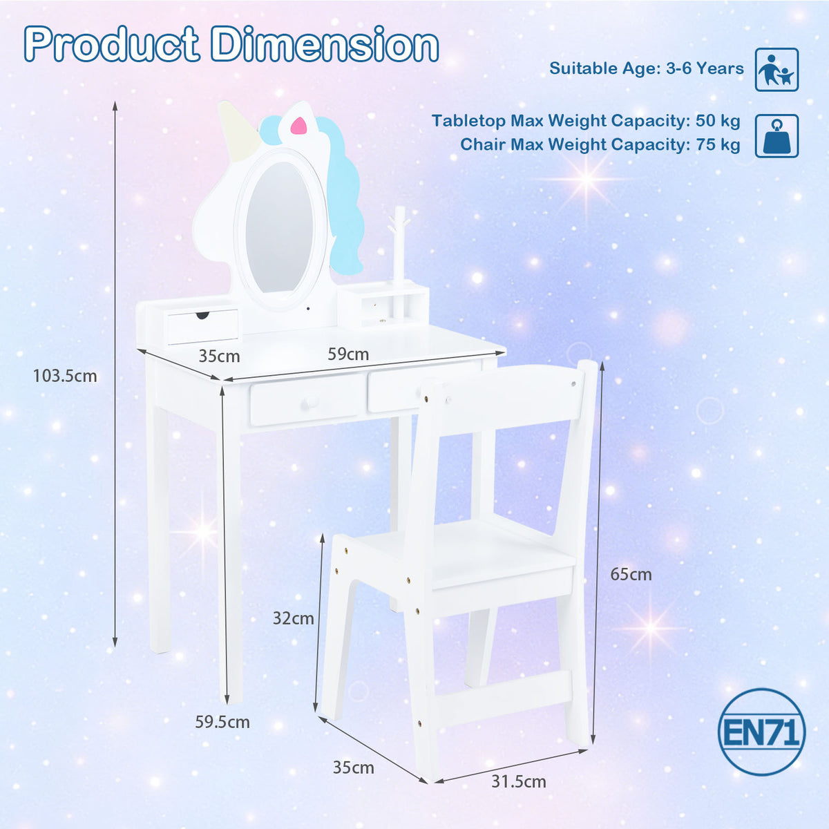 Kids Vanity Set with Lighted Unicorn Mirror & Stool and Jewelry Rack for Girls-White