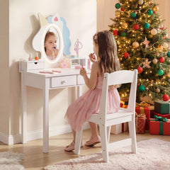 Kids Vanity Set with Lighted Unicorn Mirror & Stool and Jewelry Rack for Girls-White