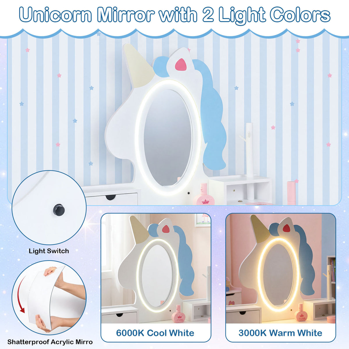 Kids Vanity Set with Lighted Unicorn Mirror & Stool and Jewelry Rack for Girls-White