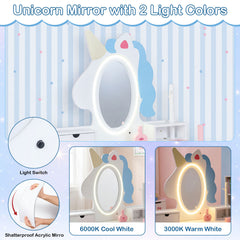 Kids Vanity Set with Lighted Unicorn Mirror & Stool and Jewelry Rack for Girls-White