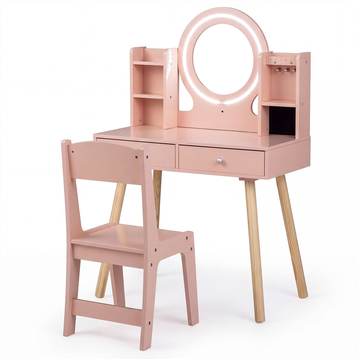 Kids Vanity Set with Lights Princess Vanity Desk Set with LED Lighted Mirror Storage Shelves-Pink