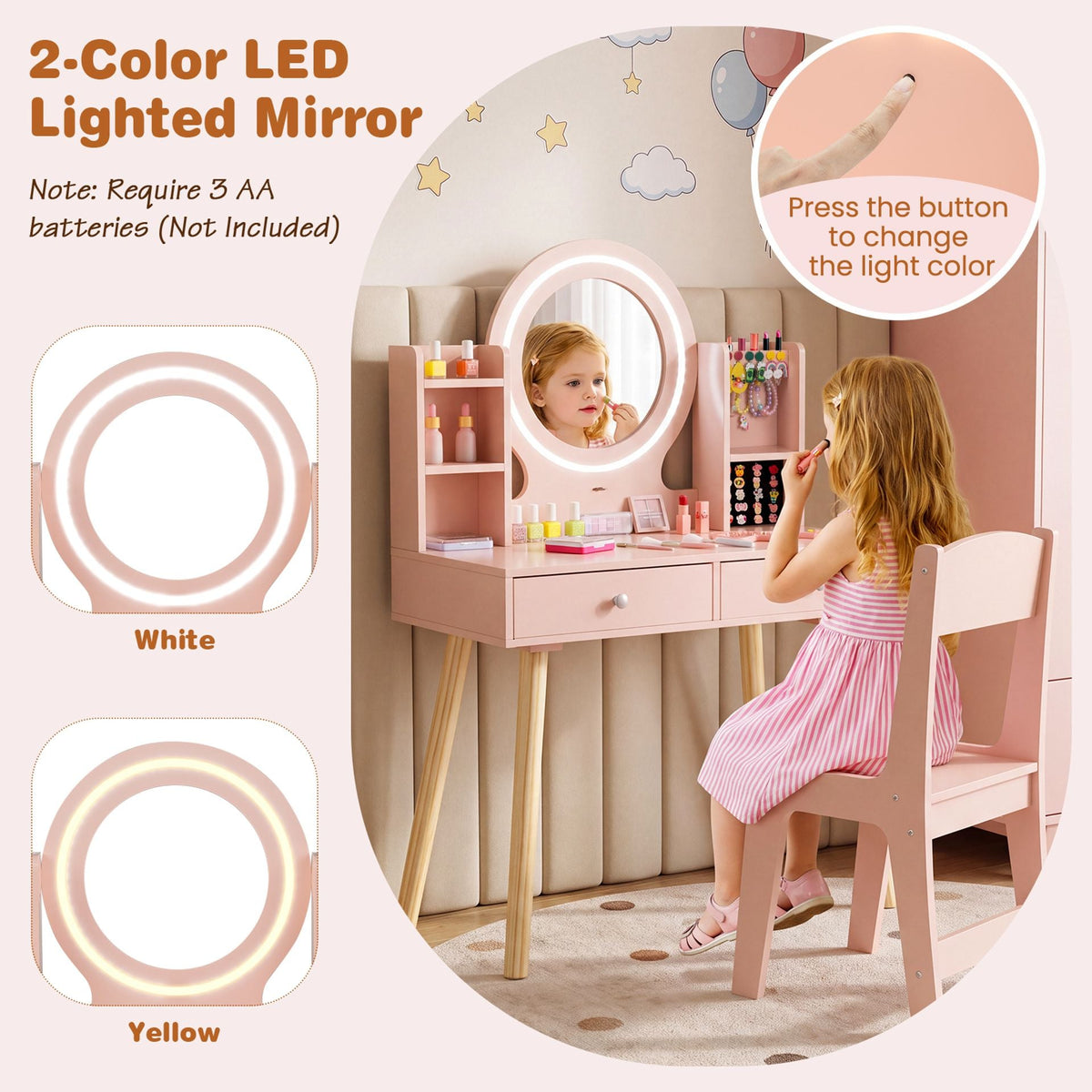 Kids Vanity Set with Lights Princess Vanity Desk Set with LED Lighted Mirror Storage Shelves-Pink