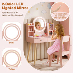 Kids Vanity Set with Lights Princess Vanity Desk Set with LED Lighted Mirror Storage Shelves-Pink