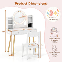 Kids Vanity Set with Lights Princess Vanity Desk Set with LED Lighted Mirror Storage Shelves-White