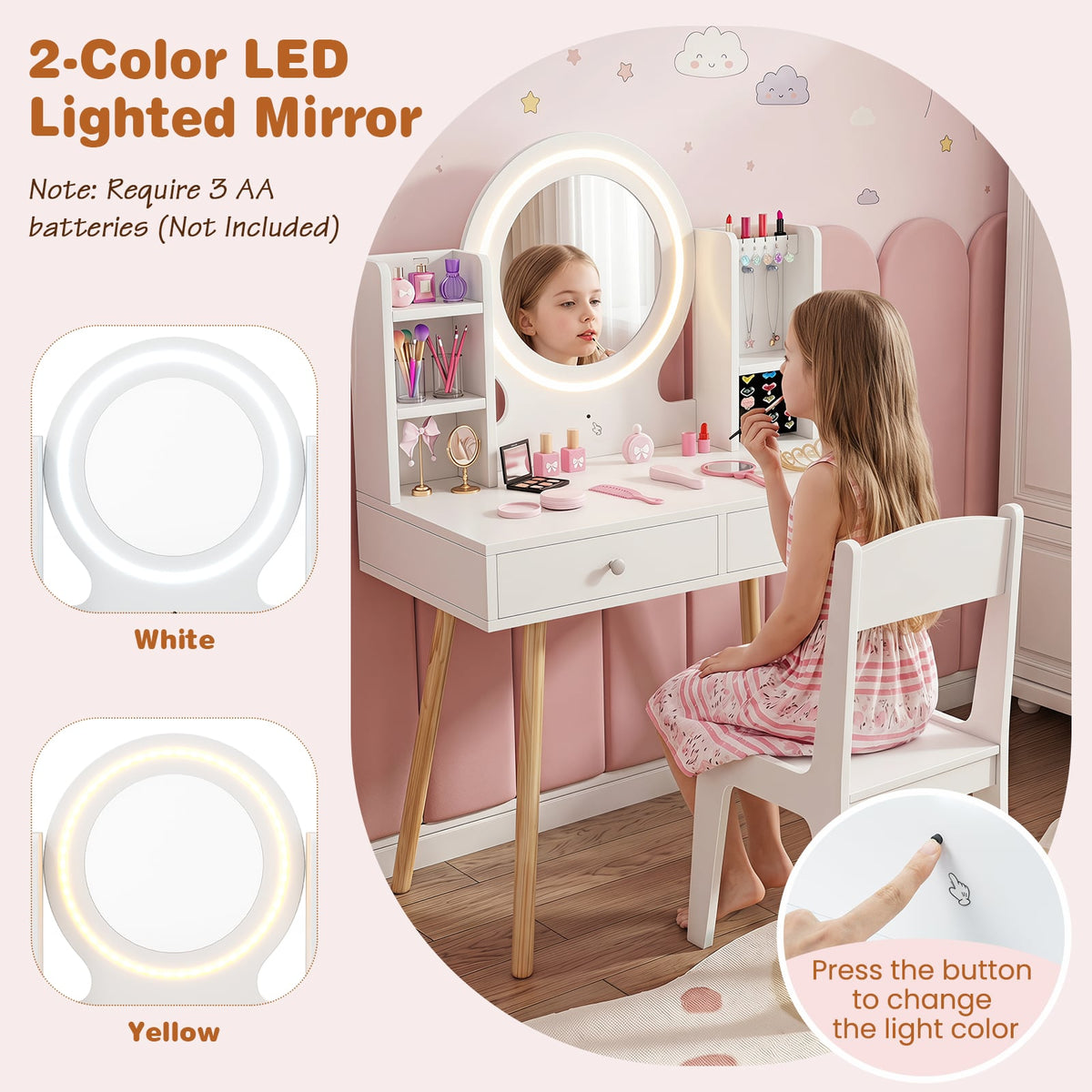 Kids Vanity Set with Lights Princess Vanity Desk Set with LED Lighted Mirror Storage Shelves-White