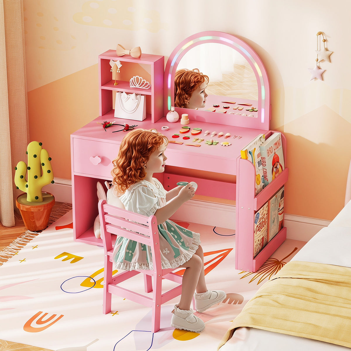 Kids Vanity Table and Chair Set with Lighted Mirror Open Storage Shelves-Sakura Pink