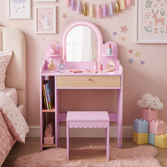 Kids Vanity with Lights and Storage Drawer with Chair for Ages 3+-Pink