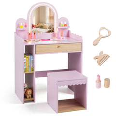 Kids Vanity with Lights and Storage Drawer with Chair for Ages 3+-Pink