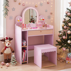 Kids Vanity with Lights and Storage Drawer with Chair for Ages 3+-Pink