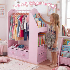 Kids Wardrobe with Full-Length Mirror Dress Up Storage Cabinet with Hanging Rack Bookshelf-Pink