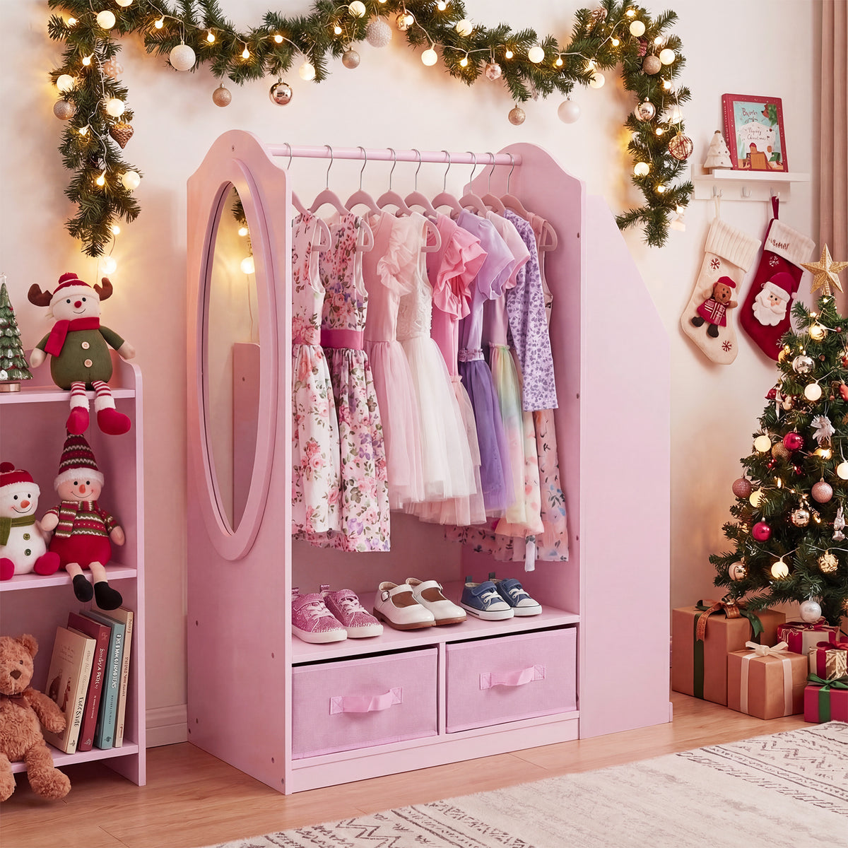 Kids Wardrobe with Full-Length Mirror Dress Up Storage Cabinet with Hanging Rack Bookshelf-Pink