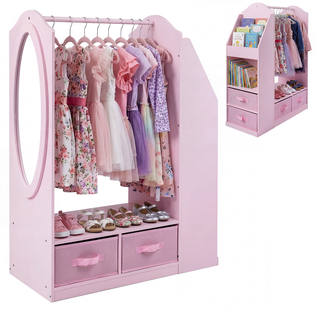 Kids Wardrobe with Full-Length Mirror Dress Up Storage Cabinet with Hanging Rack Bookshelf-Pink