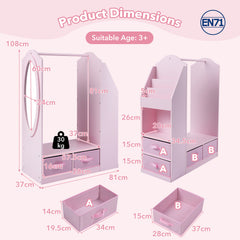 Kids Wardrobe with Full-Length Mirror Dress Up Storage Cabinet with Hanging Rack Bookshelf-Pink