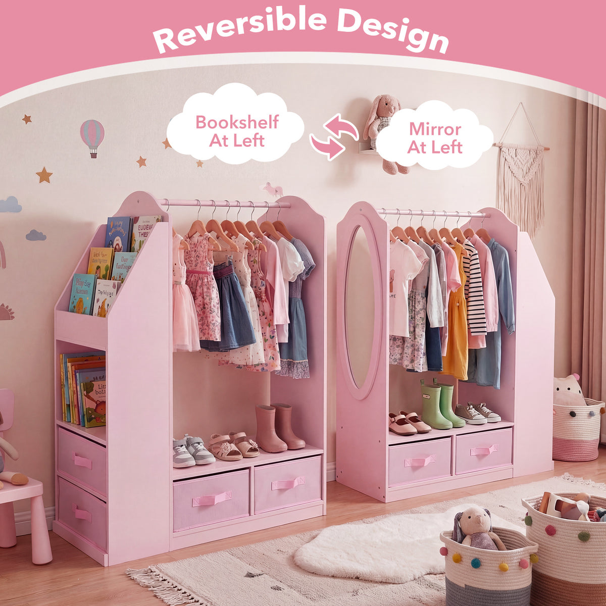 Kids Wardrobe with Full-Length Mirror Dress Up Storage Cabinet with Hanging Rack Bookshelf-Pink