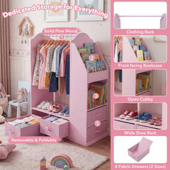 Kids Wardrobe with Full-Length Mirror Dress Up Storage Cabinet with Hanging Rack Bookshelf-Pink