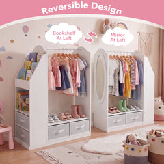 Kids Wardrobe with Full-Length Mirror Dress Up Storage Cabinet with Hanging Rack Bookshelf-White