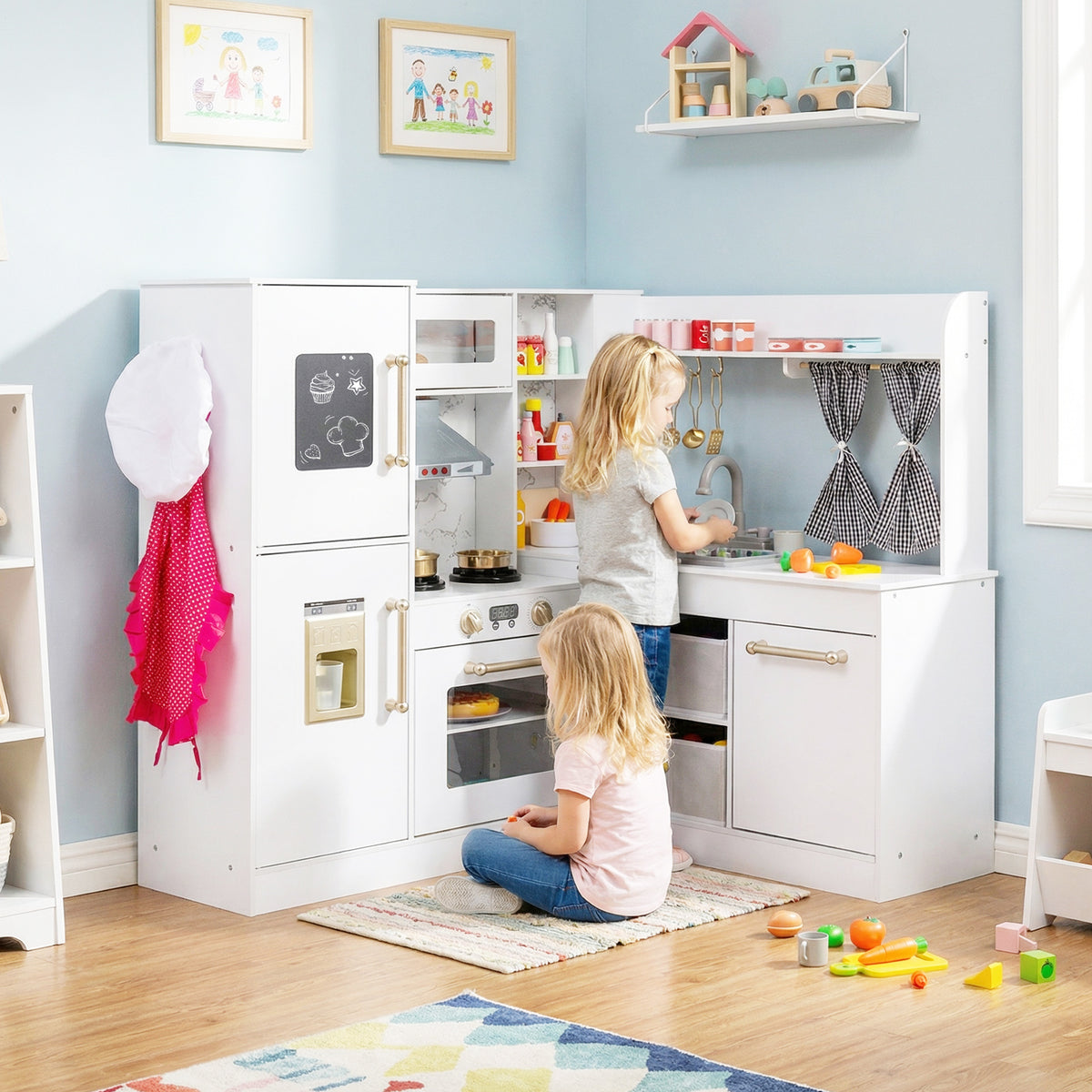 Kids Wooden Corner Play Kitchen with Lighted Range Hood and Stoves-White