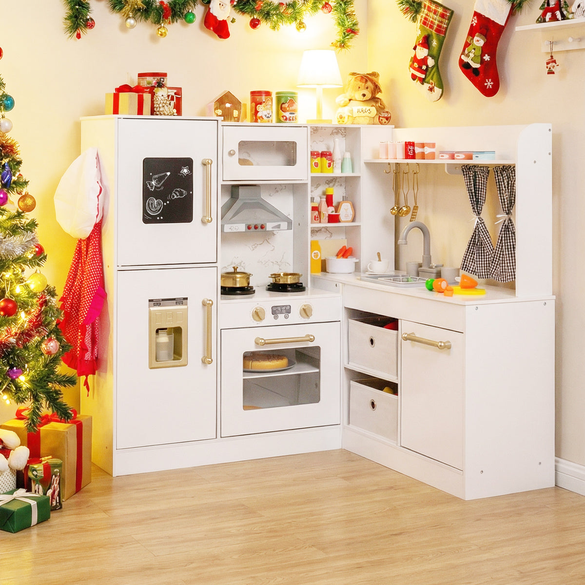 Kids Wooden Corner Play Kitchen with Lighted Range Hood and Stoves-White