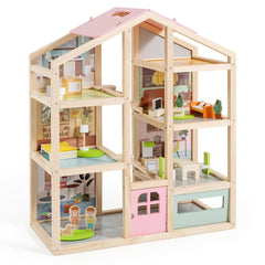 Kids Wooden Dollhouse with 7 Rooms and 18 Pcs Furniture Accessories-Pink