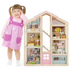 Kids Wooden Dollhouse with 7 Rooms and 18 Pcs Furniture Accessories-Pink