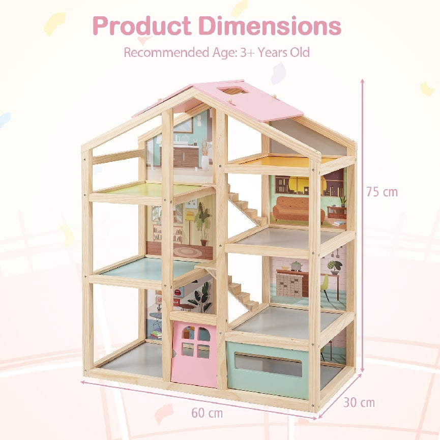 Kids Wooden Dollhouse with 7 Rooms and 18 Pcs Furniture Accessories-Pink